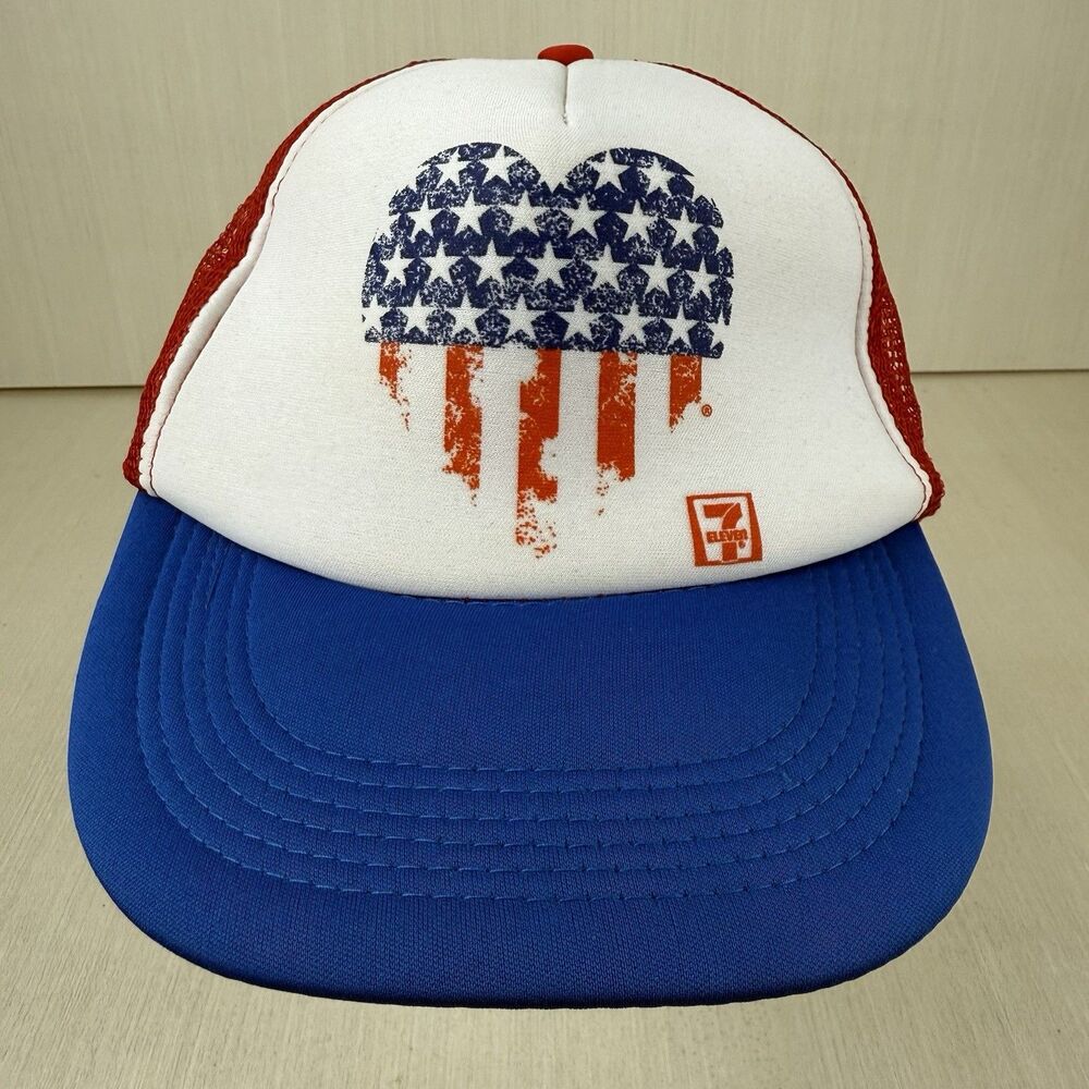 7 Eleven Hat Slurpee USA Flag Cap Heart Shape Red White Blue Mesh Snapback NWT